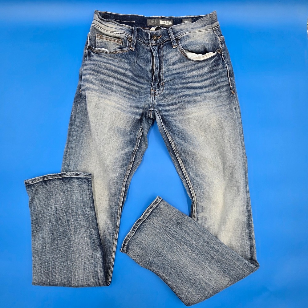 BKE Jake Straight Leg Mens Jeans 30R Medium Wash Blue Denim Stretch ABS16075